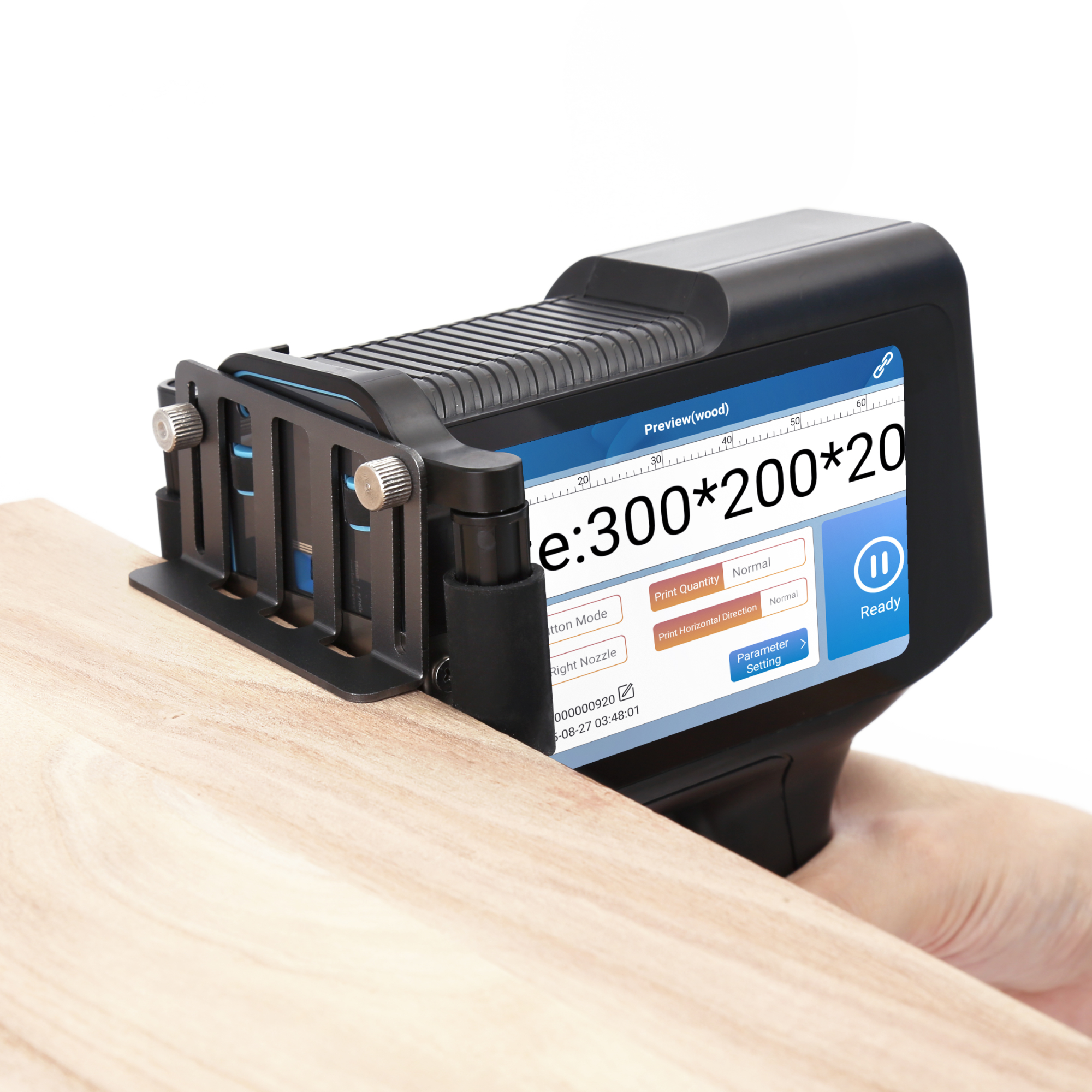 Narrow edge inkjet printer guide positioned on a wooden panel