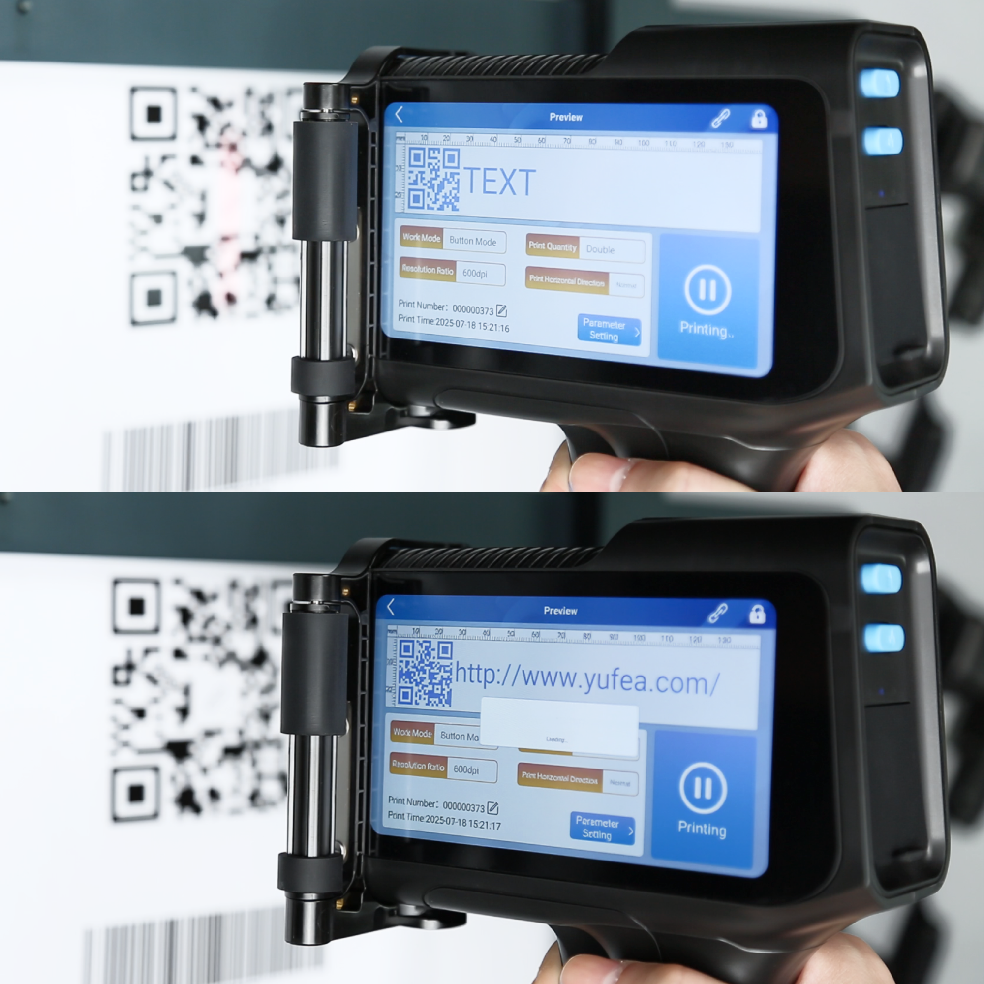 Scanner module importing QR code data into a handheld inkjet printer