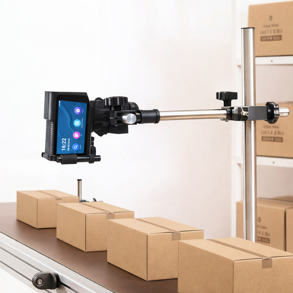 Printisian inkjet printer mounted above a conveyor coding cartons