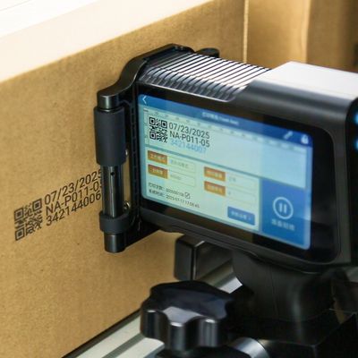 Conveyor inkjet printer marking QR codes and batch data on cartons