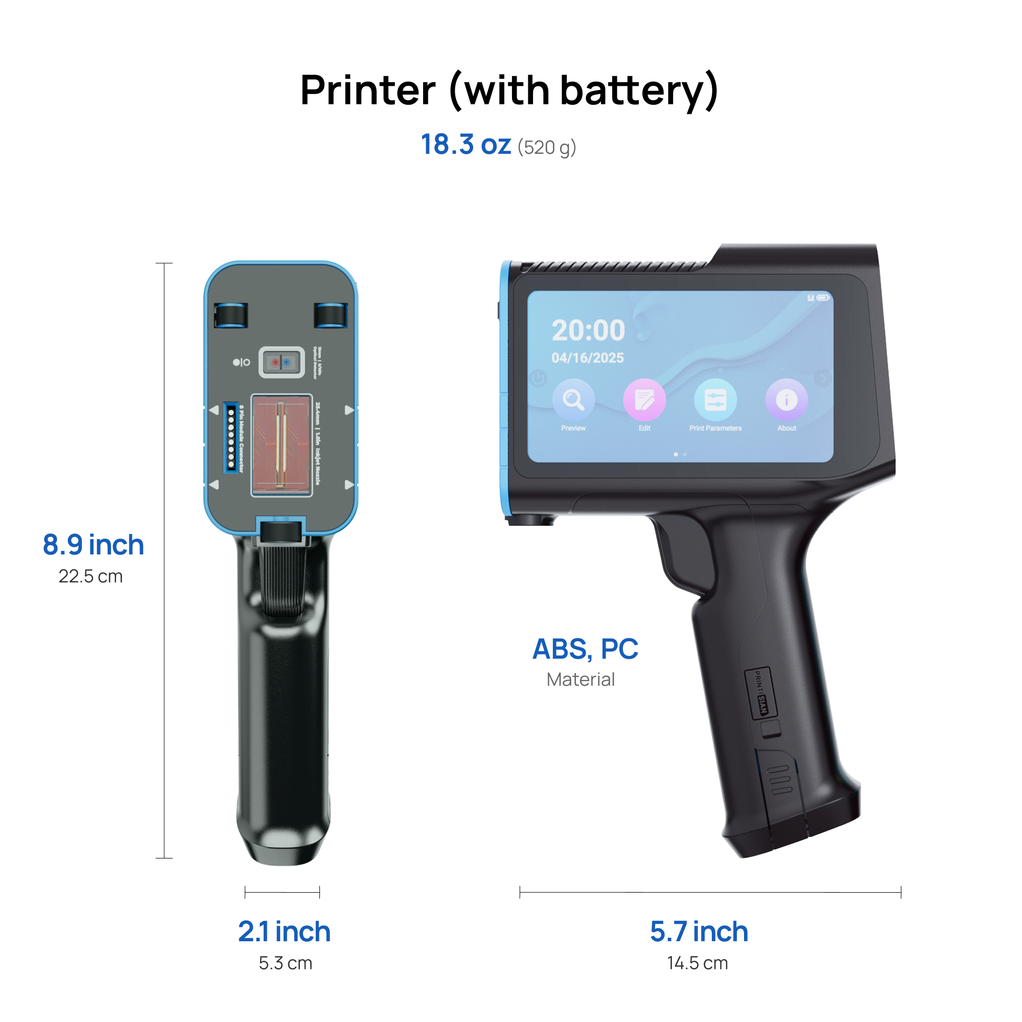 Printisian H200 handheld inkjet printer dimensions and weight