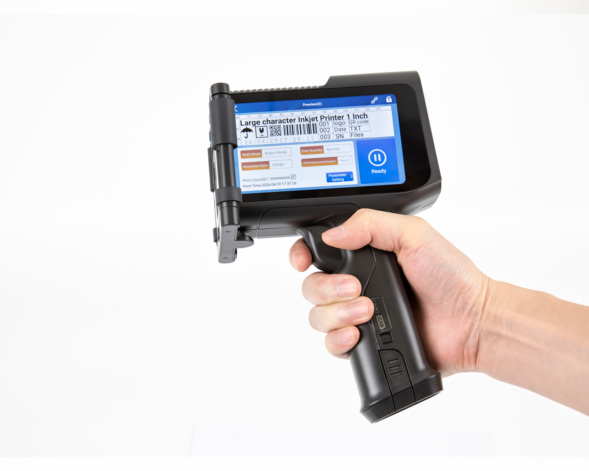Hand holding Printisian portable inkjet printer with touchscreen preview